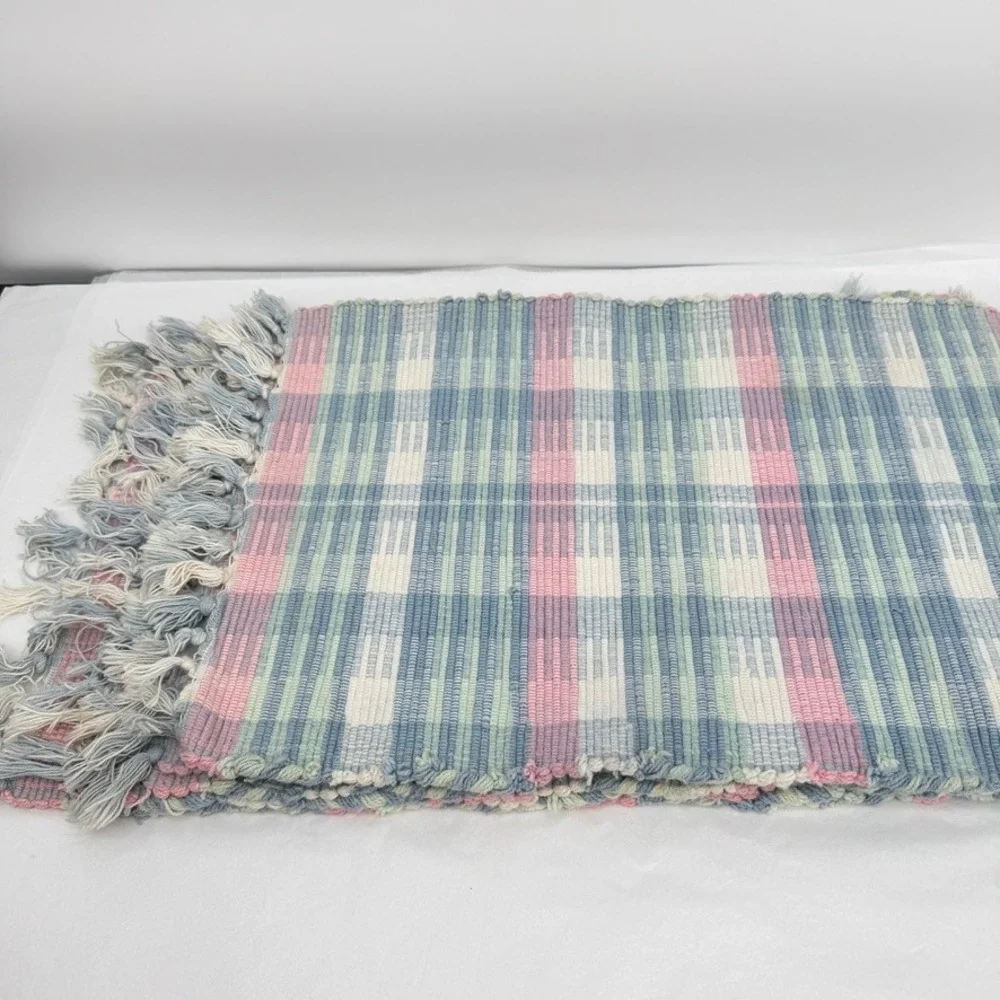 Woven Rag Rug Placemats Pastel Spring Plaid Fringe Cotton Set of 5 Table Decor